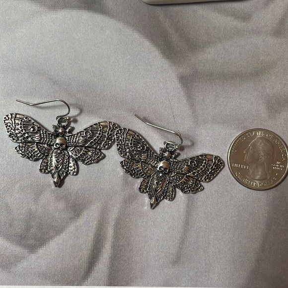 Silver Skull Moth Drop Earrings - Picture 15 of 15